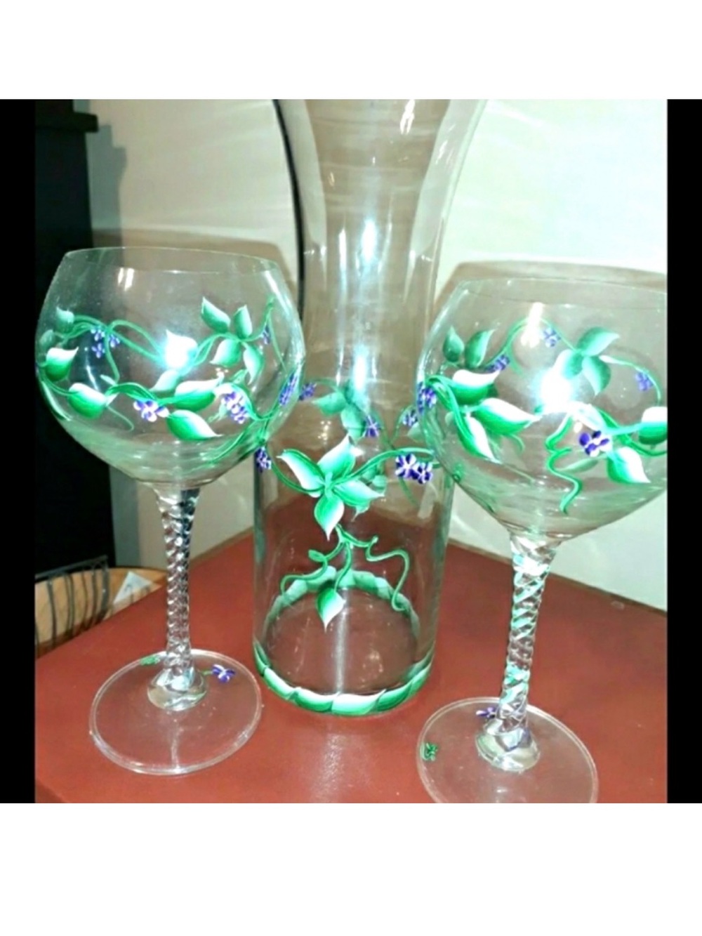 Hand-Painted Green Floral Wine Glasses and Decanter Set